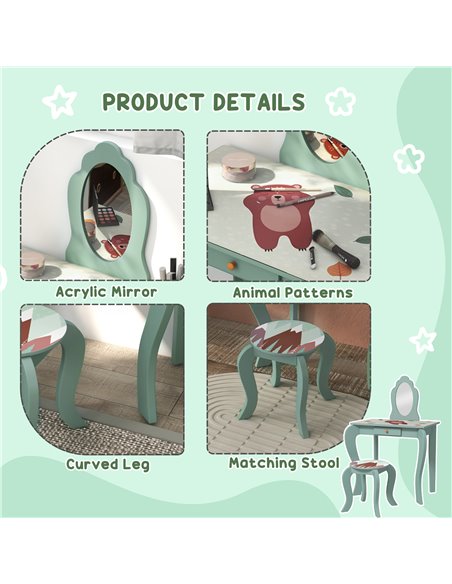 ZONEKIZ Kids Dressing Table with Mirror and Stool, Green 316-008V80GN - pic 26795 | FastDaddyshop