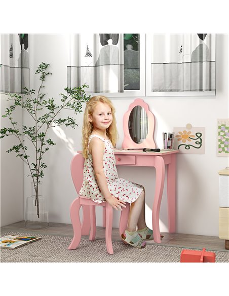 ZONEKIZ Kids Dressing Table with Mirror and Stool, Girls Vanity Table Makeup Desk, Pink - pic 26800 | FastDaddyshop