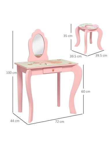 ZONEKIZ Kids Dressing Table with Mirror and Stool, Girls Vanity Table Makeup Desk with Drawer, Cute Animal Design, for 3-6 Years