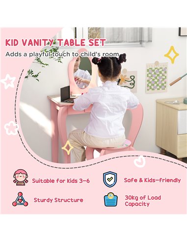 ZONEKIZ Kids Dressing Table with Mirror and Stool, Girls Vanity Table Makeup Desk with Drawer, Cute Animal Design, for 3-6 Years