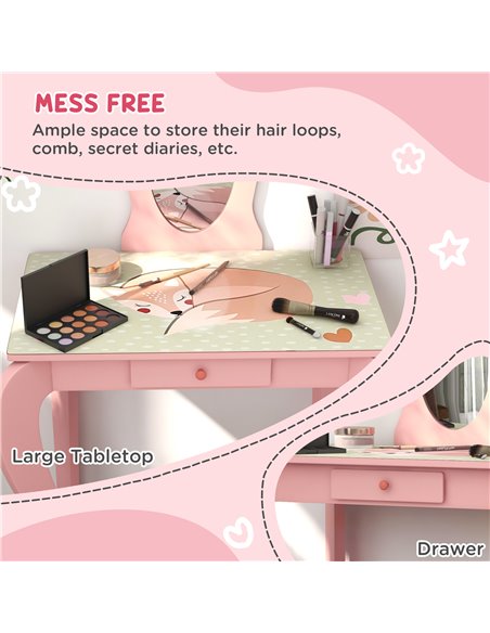 ZONEKIZ Kids Dressing Table with Mirror and Stool, Girls Vanity Table Makeup Desk with Drawer, Cute Animal Design, for 3-6 Years - pic 26803 | FastDaddyshop