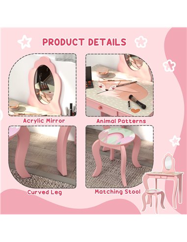 ZONEKIZ Kids Dressing Table with Mirror and Stool, Pink 316-008V80PK