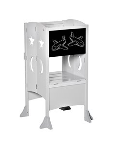 HOMCOM Kids Step Stool Toddler Kitchen Stool with Blackboard Lockable Handrail for Kids Kitchen Counter Grey