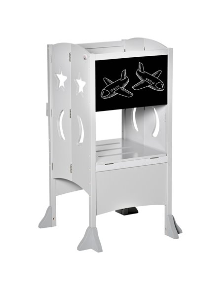 HOMCOM Kids Step Stool Toddler Kitchen Stool with Blackboard Lockable Handrail for Kids Kitchen Counter Grey - pic 26826 | FastDaddyshop