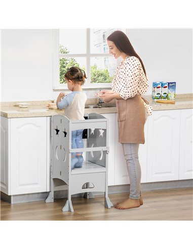 HOMCOM Kids Step Stool Toddler Kitchen Stool with Blackboard Lockable Handrail for Kids Kitchen Counter Grey
