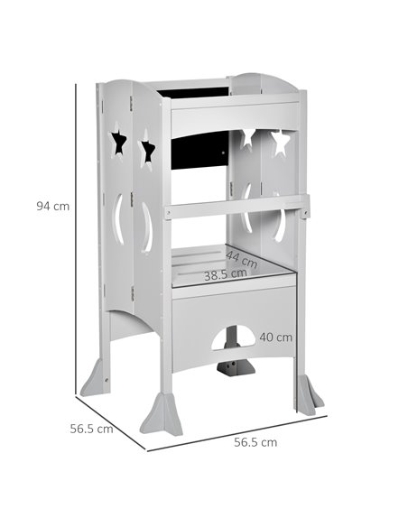 HOMCOM Kids Step Stool Toddler Kitchen Stool with Blackboard Lockable Handrail for Kids Kitchen Counter Grey - pic 26828 | FastDaddyshop