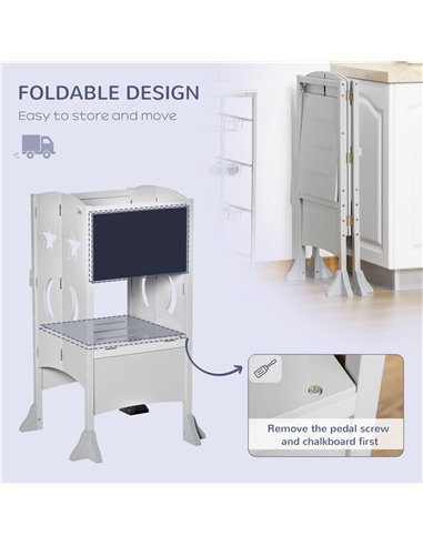 HOMCOM Kids Step Stool Toddler Kitchen Stool with Blackboard Lockable Handrail for Kids Kitchen Counter Grey