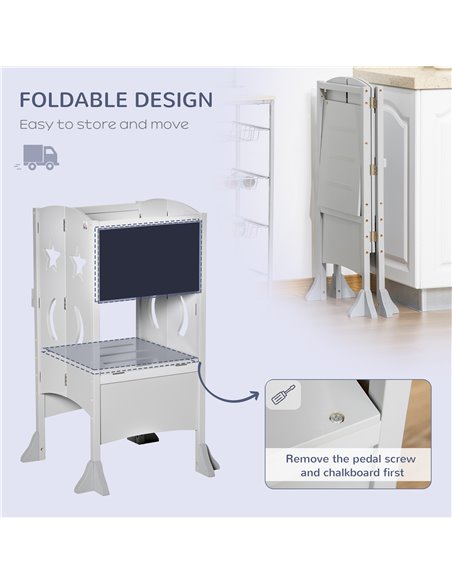 HOMCOM Kids Step Stool Toddler Kitchen Stool with Blackboard Lockable Handrail for Kids Kitchen Counter Grey - pic 26829 | FastDaddyshop