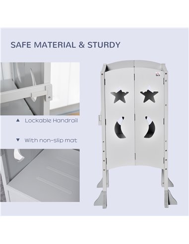 HOMCOM Kids Step Stool Toddler Kitchen Stool with Blackboard Lockable Handrail for Kids Kitchen Counter Grey
