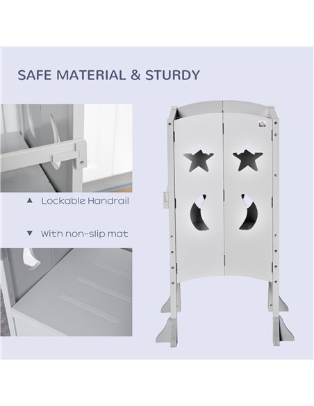 HOMCOM Kids Step Stool Toddler Kitchen Stool with Blackboard Lockable Handrail for Kids Kitchen Counter Grey - pic 26830 | FastDaddyshop