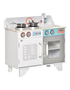 HOMCOM Kids Wooden Kitchen Play Cooking Set with Sink Faucet, Cooking Bench, Stainless Steel Pot