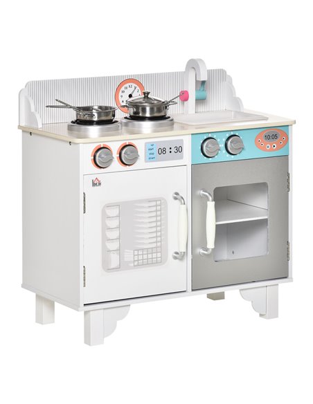 HOMCOM Kids Wooden Kitchen Play Cooking Set with Sink Faucet, Cooking Bench, Stainless Steel Pot - pic 26844 | FastDaddyshop
