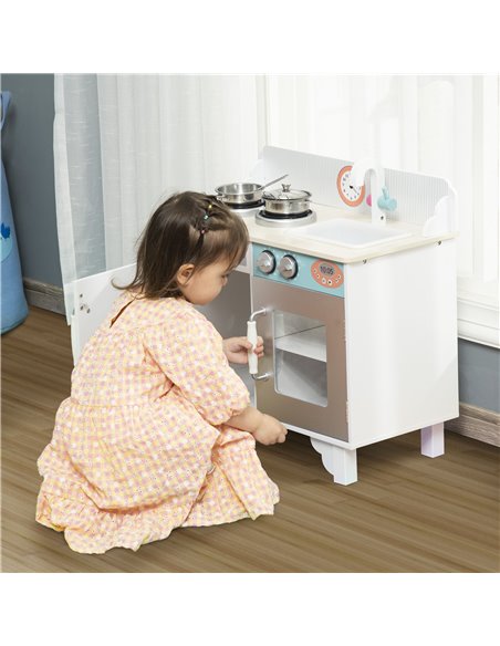 HOMCOM Kids Wooden Kitchen Play Cooking Set with Sink Faucet, Cooking Bench, Stainless Steel Pot - pic 26845 | FastDaddyshop