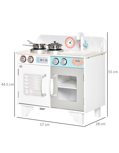 HOMCOM Kids Wooden Kitchen Play Cooking Set with Sink Faucet, Cooking Bench, Stainless Steel Pot