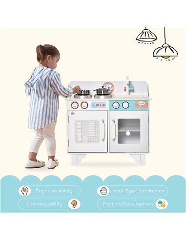 HOMCOM Kids Wooden Kitchen Play Cooking Set with Sink Faucet, Cooking Bench, Stainless Steel Pot