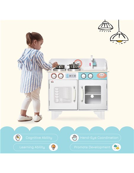 HOMCOM Kids Wooden Kitchen Play Cooking Set with Sink Faucet, Cooking Bench, Stainless Steel Pot - pic 26847 | FastDaddyshop