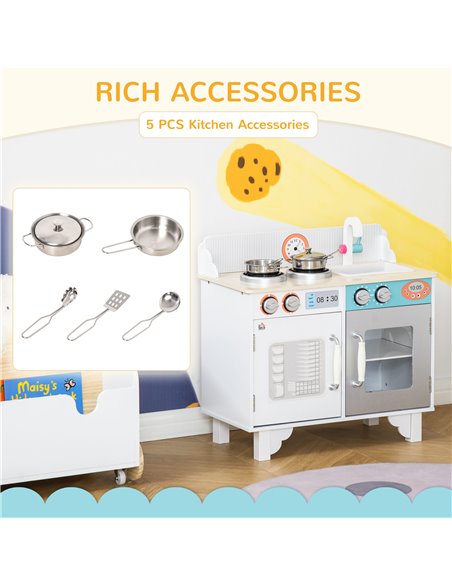 HOMCOM Kids Wooden Kitchen Play Cooking Set with Sink Faucet, Cooking Bench, Stainless Steel Pot - pic 26848 | FastDaddyshop