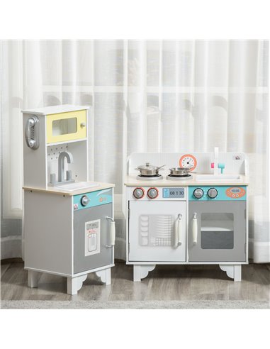 HOMCOM Two Kids Wooden Kitchen Cooking Playset, with Sink, Telephone, Storage Basket