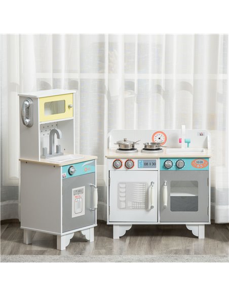 HOMCOM Two Kids Wooden Kitchen Cooking Playset, with Sink, Telephone, Storage Basket - pic 26854 | FastDaddyshop