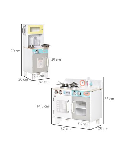 HOMCOM Two Kids Wooden Kitchen Cooking Playset, with Sink, Telephone, Storage Basket