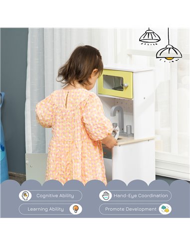 HOMCOM Two Kids Wooden Kitchen Cooking Playset, with Sink, Telephone, Storage Basket