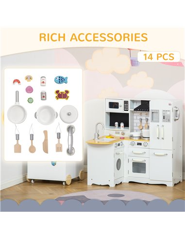HOMCOM Kids Wooden Kitchen with Realistic Refrigerator, Microwave, Oven, Range Hood, Sink, Telephone