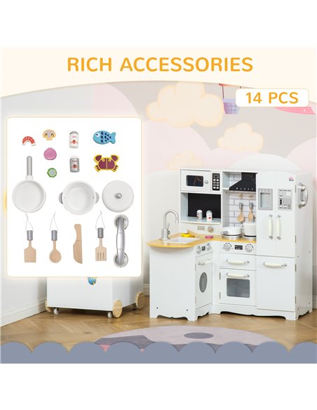 HOMCOM Kids Wooden Kitchen with Realistic Refrigerator, Microwave, Oven, Range Hood, Sink, Telephone - pic 26867 | FastDaddyshop