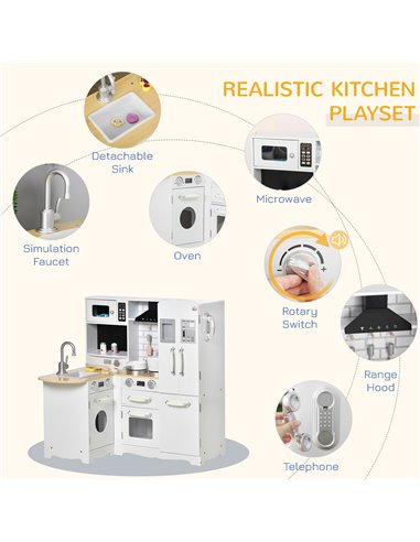 HOMCOM Kids Wooden Kitchen with Realistic Refrigerator, Microwave, Oven, Range Hood, Sink, Telephone