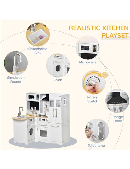 HOMCOM Kids Wooden Kitchen with Realistic Refrigerator, Microwave, Oven, Range Hood, Sink, Telephone - pic 26868 | FastDaddyshop