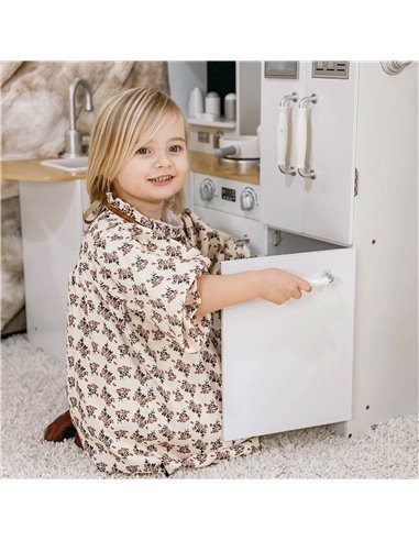 HOMCOM Kids Wooden Kitchen with Realistic Refrigerator, Microwave, Oven, Range Hood, Sink, Telephone