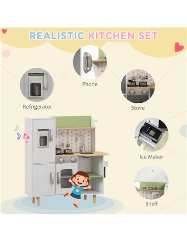 AIYAPLAY Kids Play Kitchen with Phone, Ice Maker, Stove, Sink, Utensils, White