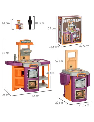 AIYAPLAY Toy Kitchen, 49 Pieces Kids Play Kitchen, Children Trolley, with Sound and Light, Spray Effects, Running Water