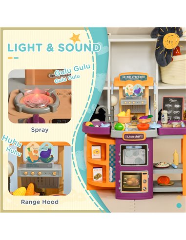 AIYAPLAY Toy Kitchen, 49 Pieces Kids Play Kitchen, Children Trolley, with Sound and Light, Spray Effects, Running Water