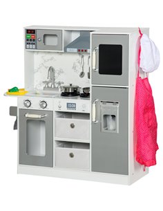 AIYAPLAY Toy Kitchen with Lights Sounds, Apron and Chef Hat, Ice Maker, Microwave, for 3-6 Years Old - White