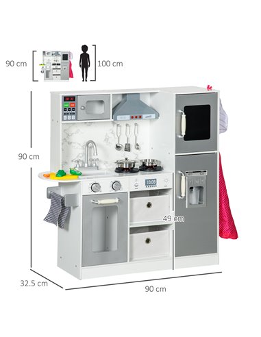 AIYAPLAY Toy Kitchen with Lights Sounds, Apron and Chef Hat, Ice Maker, Microwave, for 3-6 Years Old - White