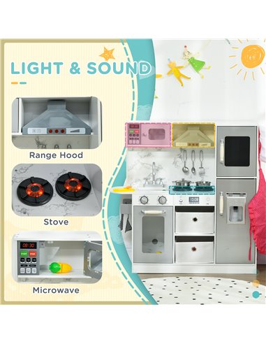 AIYAPLAY Toy Kitchen with Lights, Sounds, Ice Maker, Microwave, White 350-149V80WT