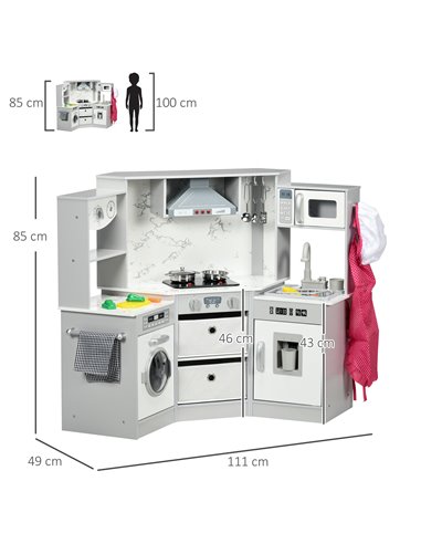 AIYAPLAY Toy Kitchen with Running Water, Lights Sounds, Apron and Chef Hat, Water Dispenser, for 3-6 Years Old - Grey