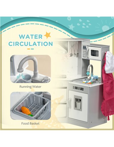 AIYAPLAY Toy Kitchen with Running Water, Lights Sounds, Apron and Chef Hat, Water Dispenser, for 3-6 Years Old - Grey
