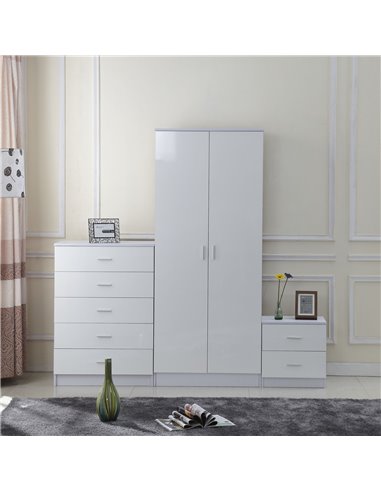 HOMCOM High Gloss 3 Piece Trio Bedroom Furniture Set Wardrobe + Chest Of Drawer + Bedside White