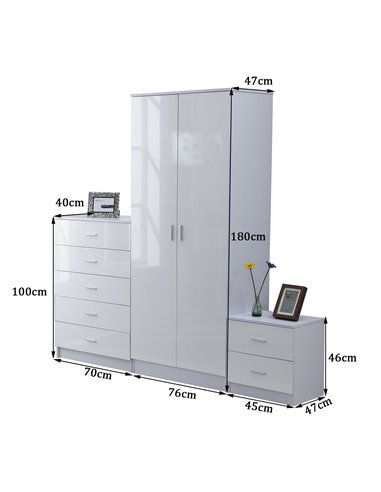 HOMCOM High Gloss 3 Piece Trio Bedroom Furniture Set Wardrobe + Chest Of Drawer + Bedside White