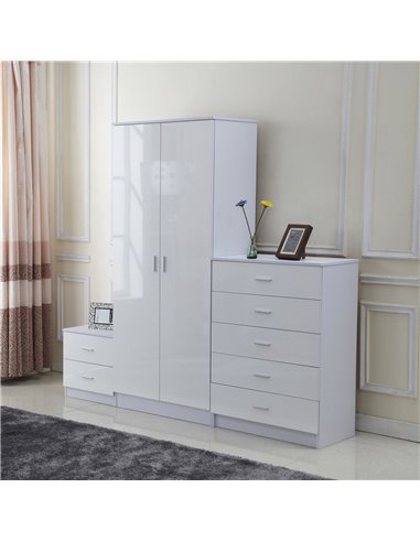HOMCOM High Gloss 3 Piece Trio Bedroom Furniture Set Wardrobe + Chest Of Drawer + Bedside White