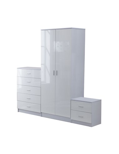 HOMCOM High Gloss 3 Piece Trio Bedroom Furniture Set Wardrobe + Chest Of Drawer + Bedside White