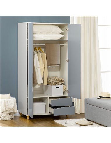 HOMCOM Wardrobe with 2 Doors, 2 Drawers, Hanging Rail, Shelves for Bedroom Clothes Storage Organiser, 89x50x185cm, Grey