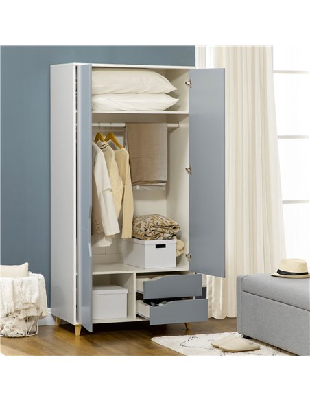 HOMCOM Wardrobe with 2 Doors, 2 Drawers, Hanging Rail, Shelves for Bedroom Clothes Storage Organiser, 89x50x185cm, Grey - pic 26935 | FastDaddyshop