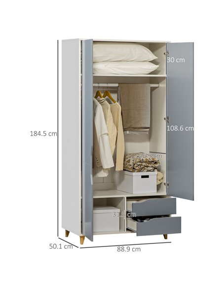 HOMCOM Wardrobe with 2 Doors, 2 Drawers, Hanging Rail, Shelves for Bedroom Clothes Storage Organiser, 89x50x185cm, Grey - pic 26936 | FastDaddyshop