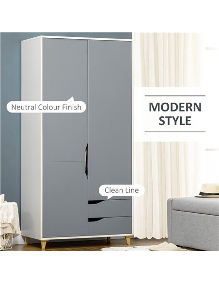 HOMCOM Wardrobe with 2 Doors, 2 Drawers, Hanging Rail, Shelves for Bedroom Clothes Storage Organiser, 89x50x185cm, Grey - pic 26937 | FastDaddyshop
