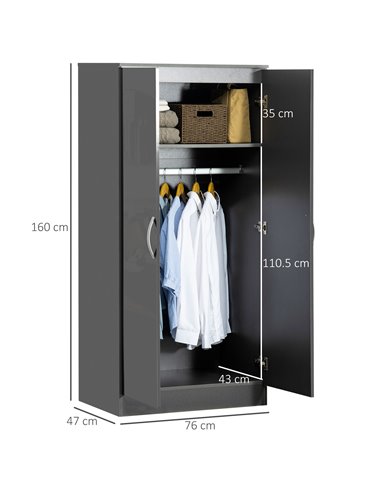 HOMCOM High Gloss Wardrobe, 2 Door Wardrobe with Hanging Rod and Storage Shelf, Clothes Storage Organizer with Anti-tipping Desi