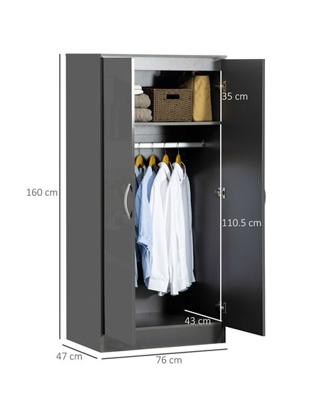 HOMCOM High Gloss Wardrobe, 2 Door Wardrobe with Hanging Rod and Storage Shelf, Clothes Storage Organizer with Anti-tipping Desi - pic 26954 | FastDaddyshop