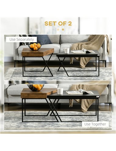HOMCOM Coffee Table Set of 2, Geometric Coffee Table with Spacious Legroom, Rustic Brown, Black