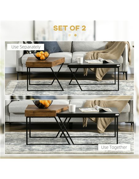 HOMCOM Coffee Table Set of 2, Geometric Coffee Table with Spacious Legroom, Rustic Brown, Black - pic 26973 | FastDaddyshop